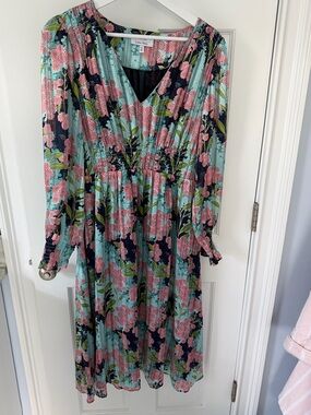 & Other Stories Aqua Floral Long-Sleeve Pleated Midi Dress with Pink Blossoms